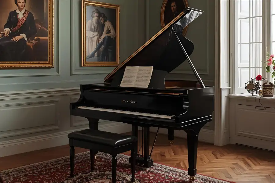 Piano de cauda preto em sala clássica. Top 10 clássicos do piano que marcaram a história da música.