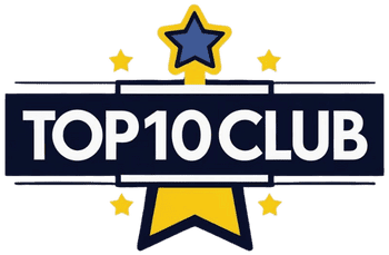 Logo Top10 Club. Design com estrelas e texto branco em fundo azul. Clube exclusivo, ranking top 10.